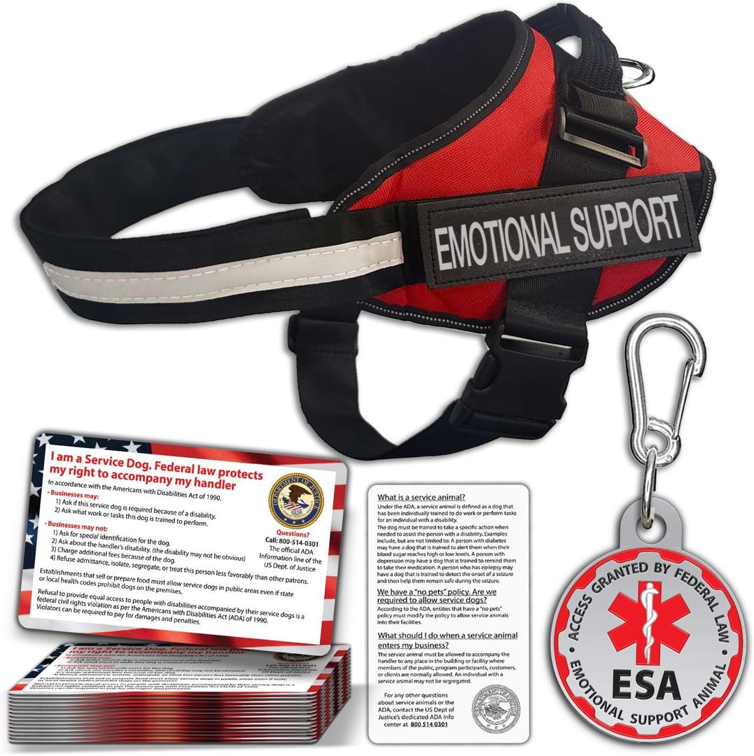 ESA Dog Vest + ID Tag + 50 ADA Information Cards - Emotional Support Dog Harness in Sizes X Small to XX-Large Metal Dog Tag Durable Clip Service Dog Information Cards, S
