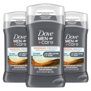 DOVE MEN + CARE Deodorant Stick For Men Morning Fresco Aluminum Free 72-Hour Odor Protection Mens Deodorant With Essential Oils & 1/4 Moisturizing Cream, 3 Ounce (Pack of 3)