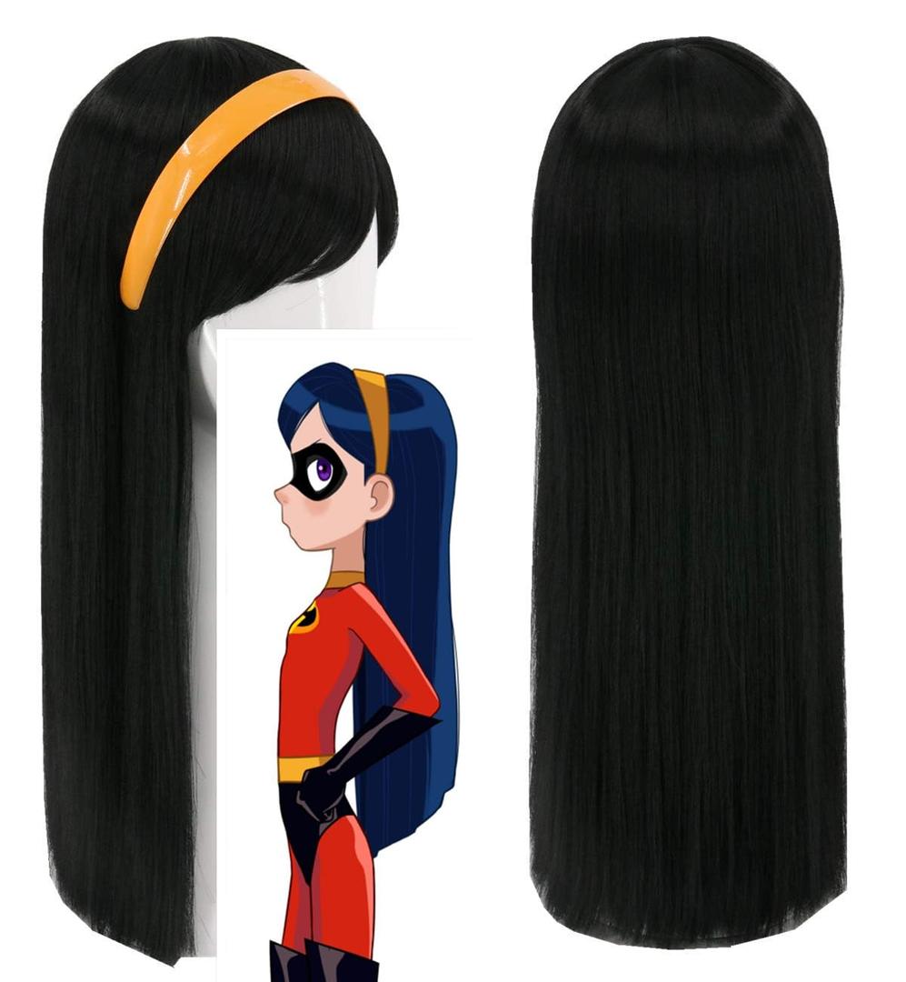 Topcosplay Girls Kids Wigs Black Long Straight Cosplay Halloween Costumes Party Wig with Headband(1849)