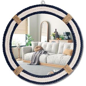 Vercraft Nautical Coastal Mirror 24 Wall Decor with Rope Wrapped Trim and Hanging Loop Round Circle Nursery Mirror Nautical Boho Rustic Decorative for Living Room, Bedroom Blue and White