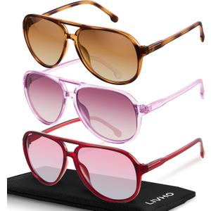 livho Trendy Polarized Aviator Sunglasses Women Men, Retro Sun Glasses for Women Men 2025, Oversized UV Protection Shades (Red/Brown Tortoise/Brown + Pink + Burgundy)