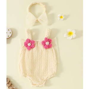 Koecnoc Baby Girl Bubble Romper with Butterfly Bow Back Newborn One-Piece Summer Outfit Cute Sleeveless Jumpsuit for Infants, Size 18-24