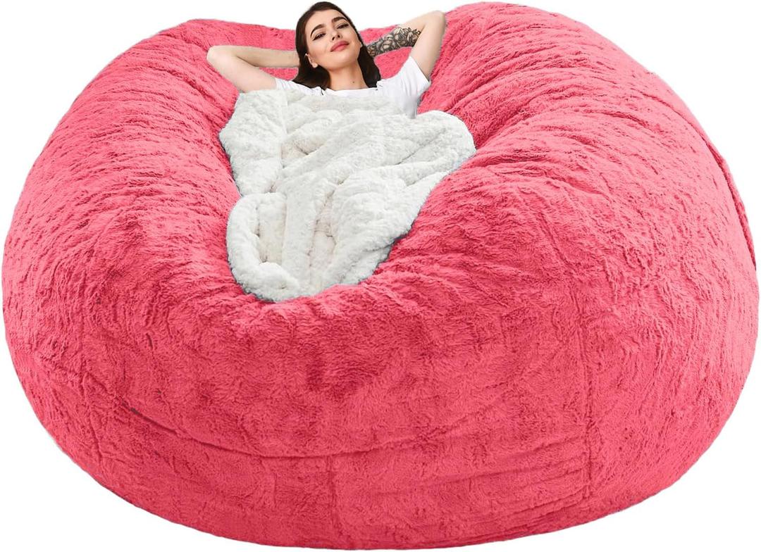 Bean Bag Chair Cover for Kids Adults(Cover Only,No Filler),Big Round Soft Fluffy PV Velvet Washable Lazy Sofa Bed Cover for Adults,Living Room Bedroom Furniture Outside Cover (Rose Red, 7FT)