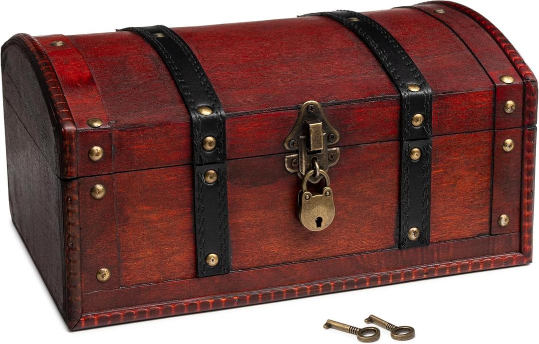 Happenings Wooden Treasure Chest Box – Red Lockable Vintage Decorative Chest for Storage, Keepsakes, Jewelry, Trinkets– Pirates Wooden Chest Decor (11.8x8x6)