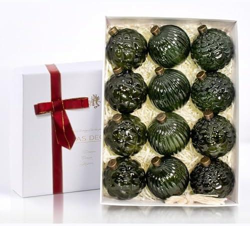 12PCS Green Glass Christmas Ornaments, 3.15” Textured Glass Ball Ornaments, Ribbed & Embossed Vintage Baubles, Rustic Farmhouse Holiday Decorations for Christmas Tree, Wreaths & Garland (Green)