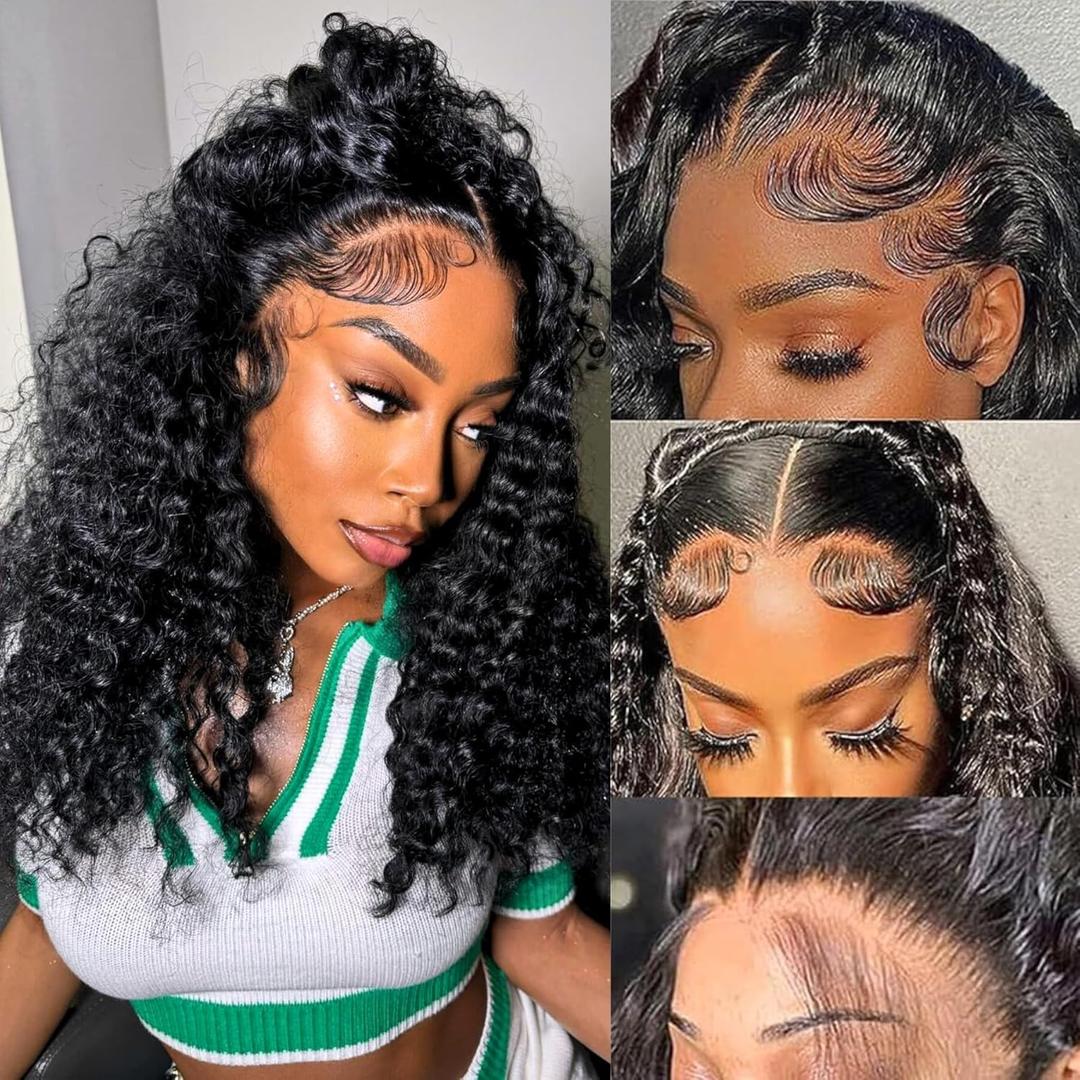 tsiyu 13x6 Full Lace Front Wigs Human Hair Pre Plucked Deep Wave 180 Density HD Lace Frontal Wig With Baby Hair Transparent Glueless Deep Curly Human Hair Wigs for Women 18 Inch (Natural Color)
