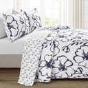 Lush Decor Scandinavian Floral Quilt King Size Reversible 3 Piece Set Navy & White - Floral Bedding Set King Quilt - White Bedding - Cottage Core Decor