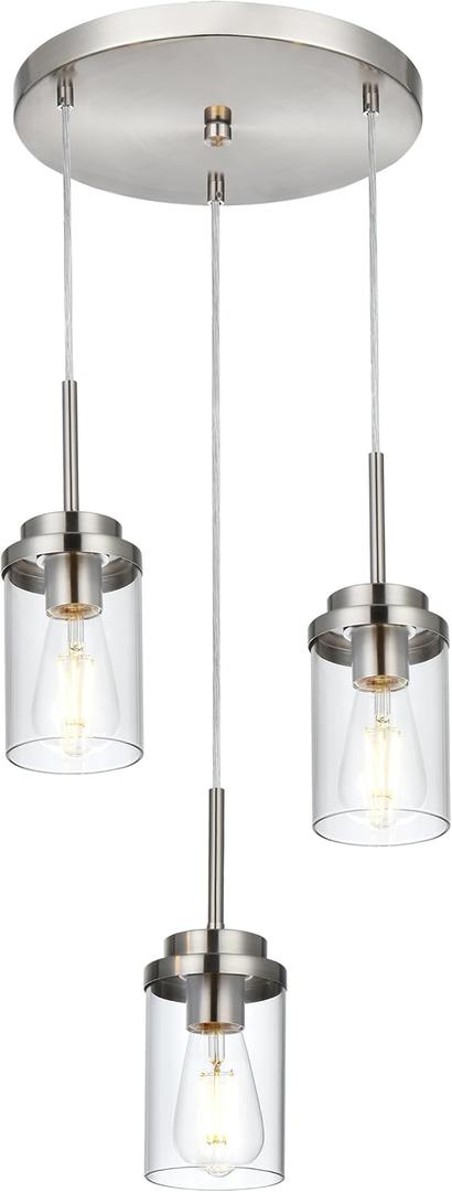 MELUCEE 3-Light Hanging Chandelier Light for Dining Room in Brushed Nickel, Modern Kitchen Island Pendant Lighting Adjustable Hanging Ceiling Lamp with Clear Glass Shade (3 Lights-1 Pack Round)