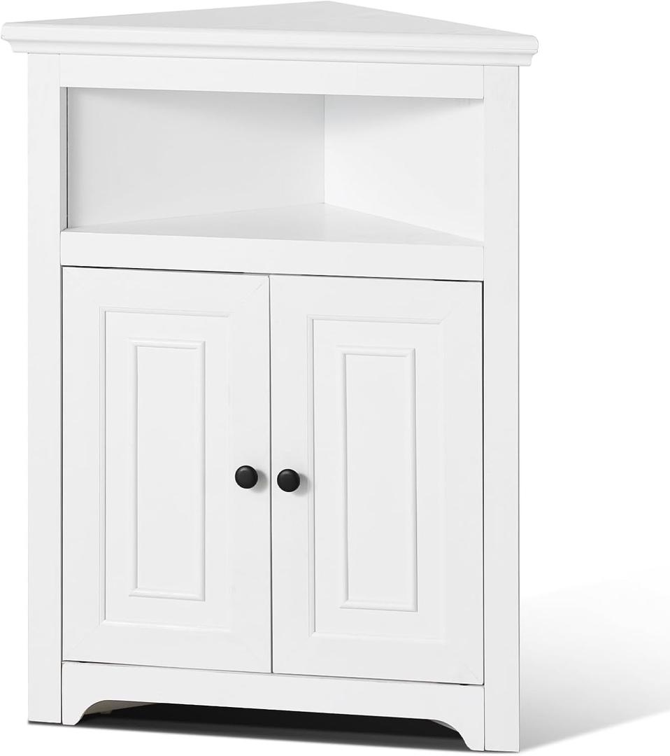 VEVOR 32" Corner Storage Cabinet, 3 Tiers Small Storage Cabinet with 2 Wooden Doors & Adjustable Shelves, Freestanding Corner Kitchen Cabinet for Living Room, Kitchen, Laundry Room, Bathroom, White