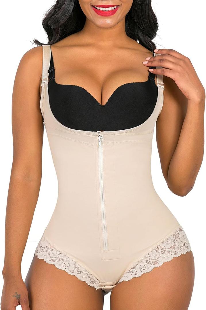 SHAPERX Women's Fajas Colombianas Shapewear Postpartum Tummy Control Body Shaper Butt Lifter Bodysuit (Large, Beige)