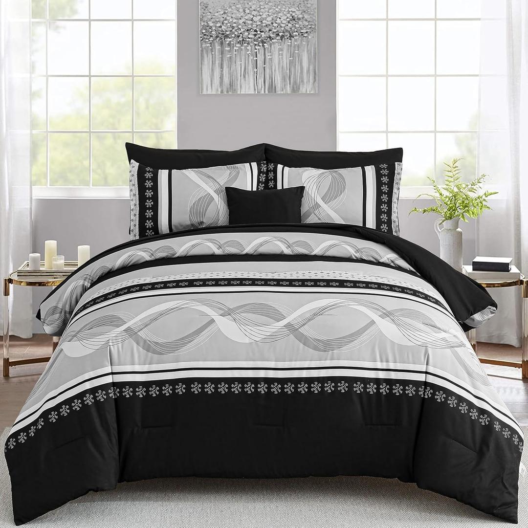 Anibedding Black Comforter Set Queen Size,8 Pieces Boho Bed in a Bag Patchwork Striped Comforter Set, Soft Microfiber Bedding Set for All Season(90"90")