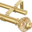 1 Inch Gold Double Curtain Rods for Windows 120 to 180 Inches, USFOOK Adjustable Heavy Duty Drapery Rods 140 to 195 Inches, Telescoping Dual Curtain Rod with Translucent Finials, Wall Mounted