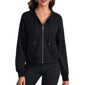 LYANER Women's Full Zip Up Hoodie Sweatshirt Workout Long Sleeve Casual Crop Tops with Pockets Black (Black, XL)