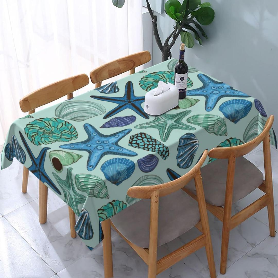 Navy Blue Teal Nautical Starfish Beach Coastal Sea Beachy Waterproof Picnic Party Rectangle Table Cloth Cover Decorations Fabric 54 X 72 Inches Rectangle Tablecloth Home Dining Room Kitchen Decor (6" x 6" (Rectangular), Black12)