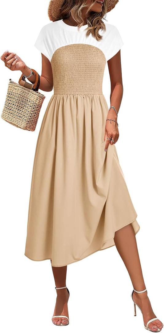 Wenrine Womens Casual Summer Midi Dress Smocked Cap Sleeve Crew Neck Color Block A Line Flowy Beach Dresses (S)
