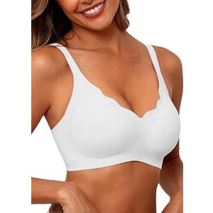 Women's Seamless Bras No Underwire Comfort Bralettes Push Up Bras Wireless Scalloped Full Coverage Everyday Bra (White, L)