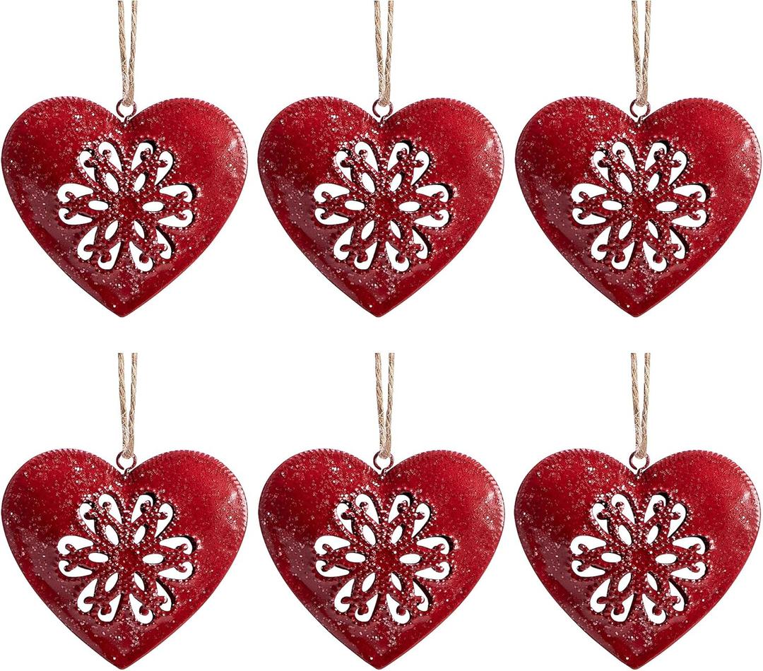 6 Pcs Valentines Metal Heart Ornament, Christmas Heart-Shaped Metal Decoration, Vintage Red Hearts Wall Hanging Decor for Valentine's Day Christmas Tree Holiday Party Home Decoration