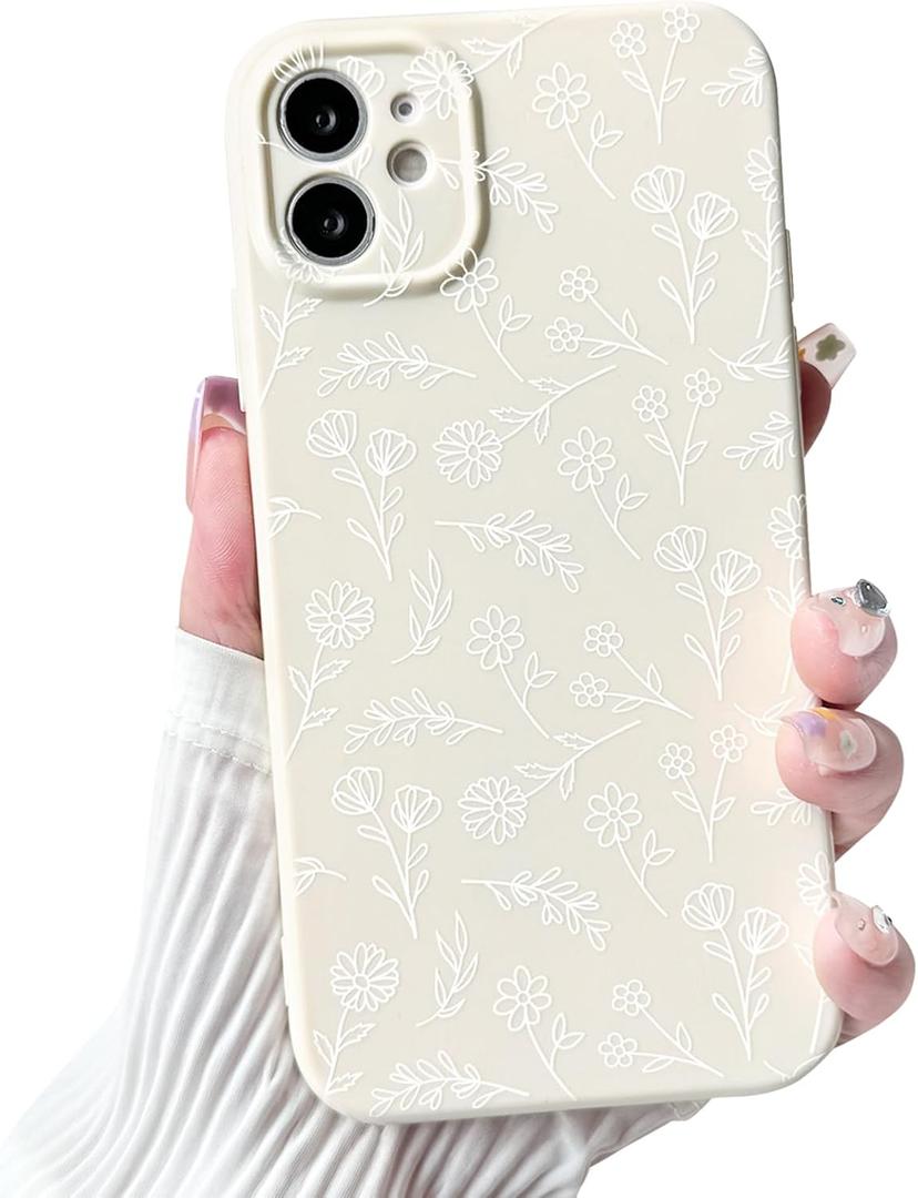 NITITOP Compatible with iPhone 12 Case Cute for Women Girl Vintage Flower Floral Leaves Pattern Trendy Slim Fit TPU Silicone Shockproof Girly Fashion Protective Phone - White