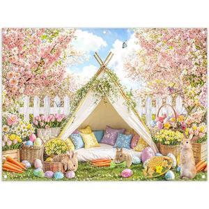 8x6ft Fabric Spring Easter Tent Backdrop Bunny Colorful Eggs Garden Flower Butterfly Fence Photography Background Kids Party Festival Party Decor Photo Props