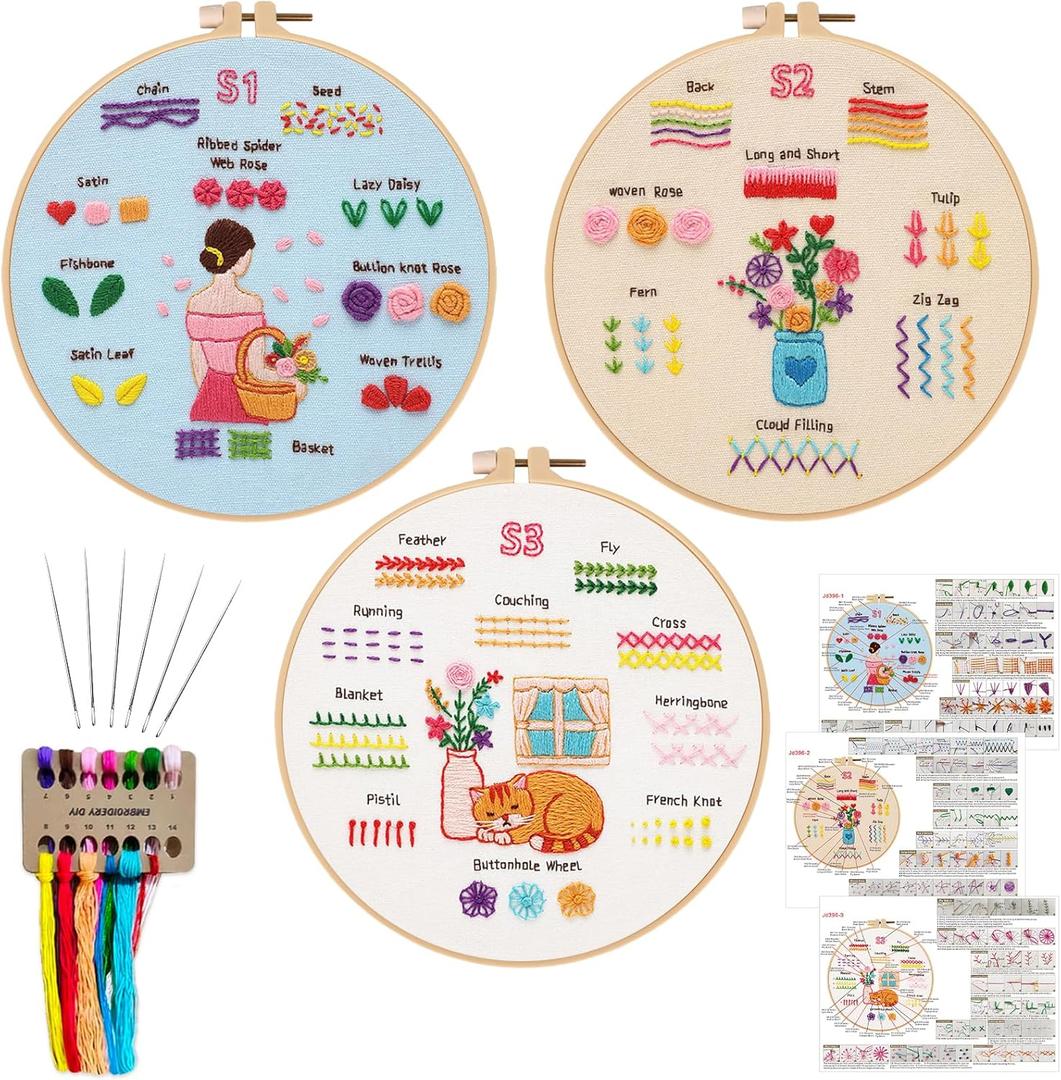 Nuberlic Embroidery Kit for Beginners - 3 Pack 28 Stitches Cross Stitch Starter Set with Embroidery Hoops, Threads & Needles for Home Decor & Relaxation