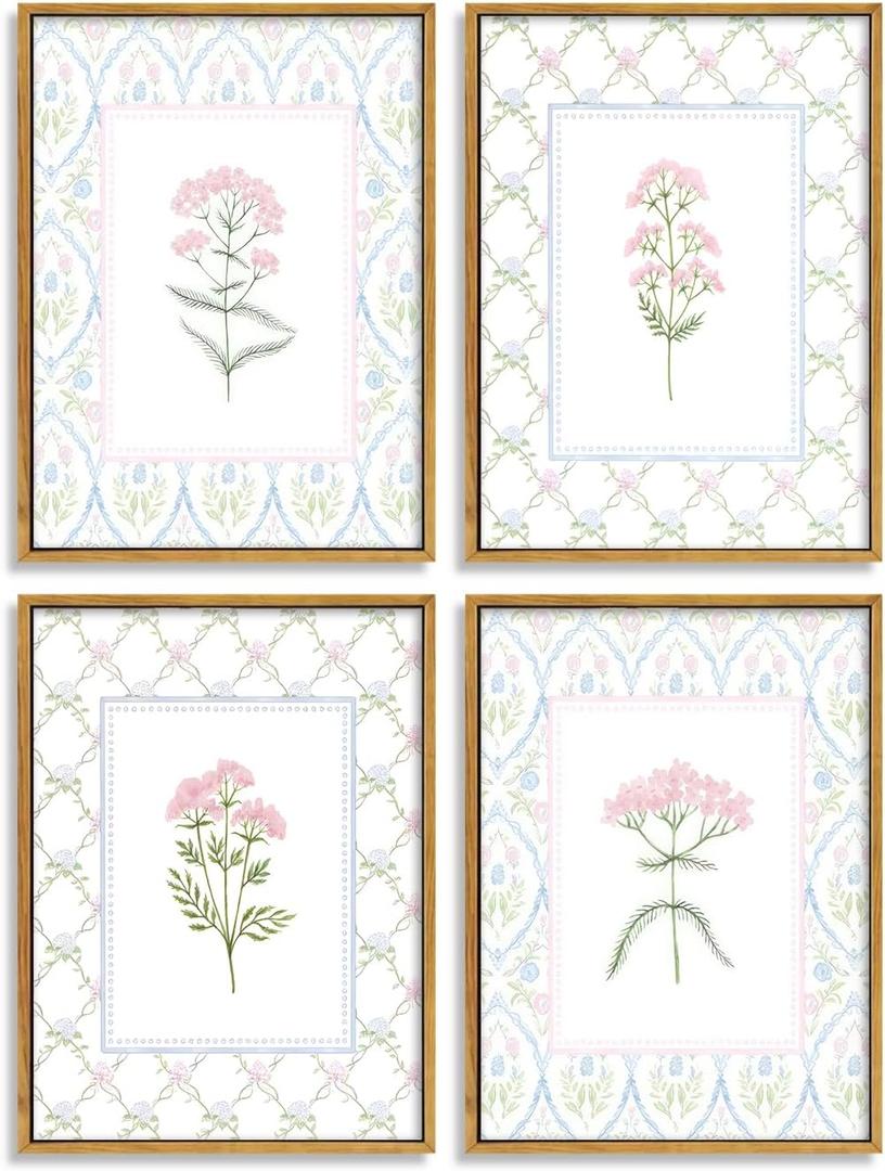 Pink Blue Floral Nursery Wall Art Watercolor Wildflower Pictures Wall Decor Sage Green Botanical Posters Vintage Grandmillenial Flower Painting Print Artwork for Baby Girls Room Bedroom, Framed