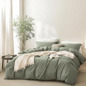 Linen Feel Heathered Green Duvet Cover Full Size 90'' L x 80'' W, Percale 100% Washed Cotton Duver Cover with Zipper Closure Plus 2 Pillowcases, Oeko TEX Standard Certificated