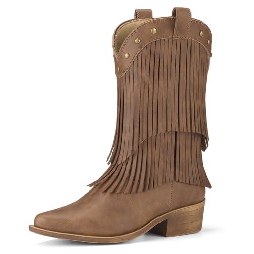 Rollda Girls Cowboy Boots with Tassel, Fringe Cowgirl Boots, Snip Toe, TPR Outsole, Kids Western Boots Stylish & Comfortable for All-Seasons, Toddler/Little Kid/Big Kid Brown Size 4