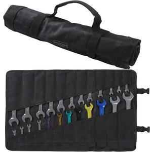 Wrench Roll,Heavy Duty 16oz Waxed Canvas Large Wrench Roll Up Pouch & Tool Bag, 24 Pockets Tool Roll Bag with Buckle (Black)