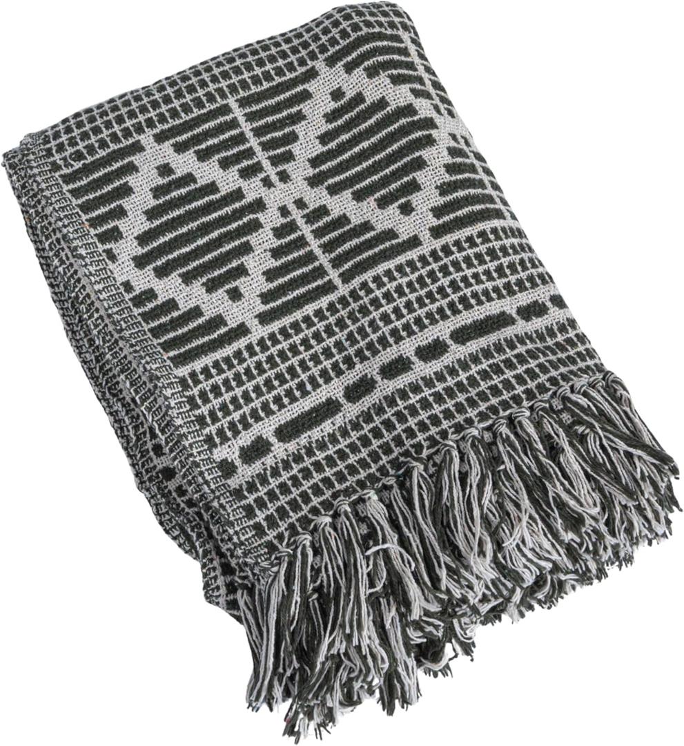 Bloomingville Soft Recycled Cotton Blend Throw with Diamond Pattern, Green and Beige