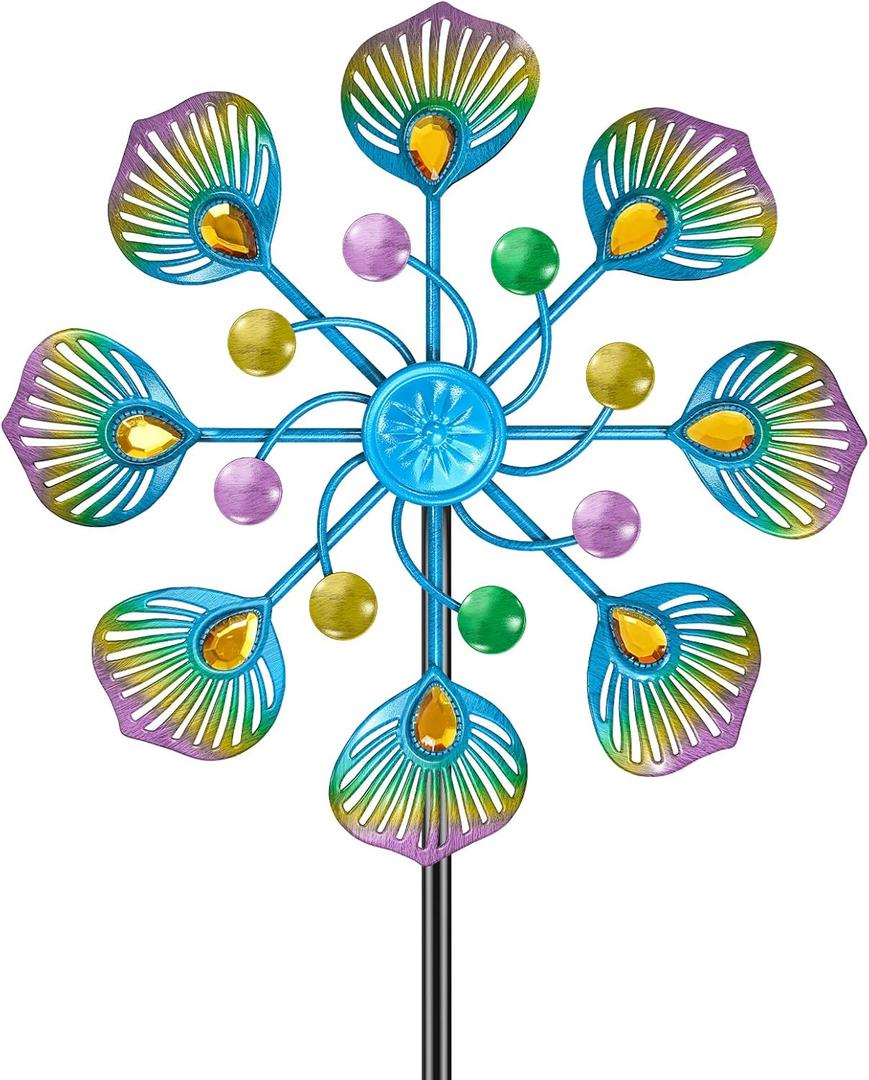 Metal Wind Spinner Outdoor, Kinetic Pinwheel Wind Sculpture with Stake, Small Garden Windmill for Patio Yard Lawn Art Decor (1pcs-Blue Green)