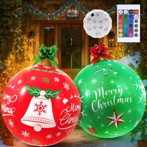 WENNSAI 2PCS Light Up Inflatable Christmas Balls 24'' Large PVC Blow Up Holiday Decorations with LED Lights & Remote Outdoor Yard, Lawn, Tree, Pool Ornaments for Xmas