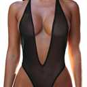 SHERRYLO Sheer One Piece Thong Swimsuit for Women Sexy Plunging See Thru Monokini High Cut Bodysuit Slutty Mesh Lingerie (Small-Medium, Black)