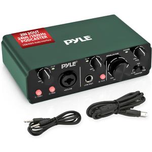 Pyle USB Audio Interface for Recording, Streaming & Podcasting – 2 Inputs 2 Outputs, 48V Phantom Power, 24bit/192kHz ASIO, Studio-Quality Sound, Rugged Metal Chassis - Compatible with Windows/Mac