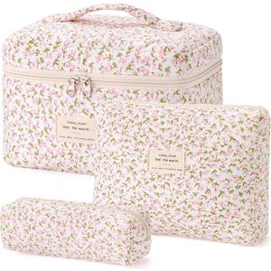 HBselect Quilted Makeup Bag, 3PCS Cotton Large Travel Makeup Bag, Cute Floral Coquette Make up Bag Cosmetic Bag Toiletry Bag for Women Girls
