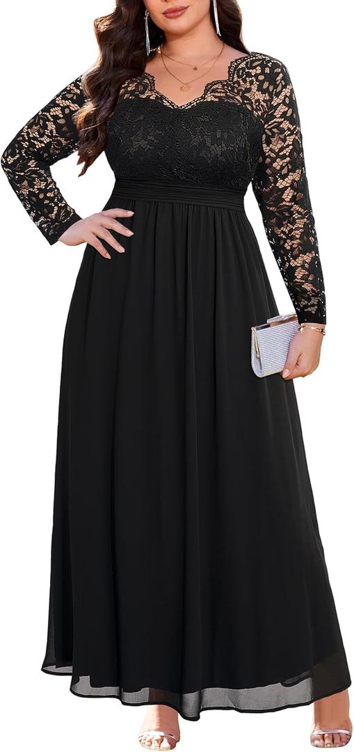 Plus Size Formal Wedding Dresses - Gowns Evening Prom Elegant V Neck Long Sleeve Lace Chiffon Long Maxi Dress (Black, 18 Plus)