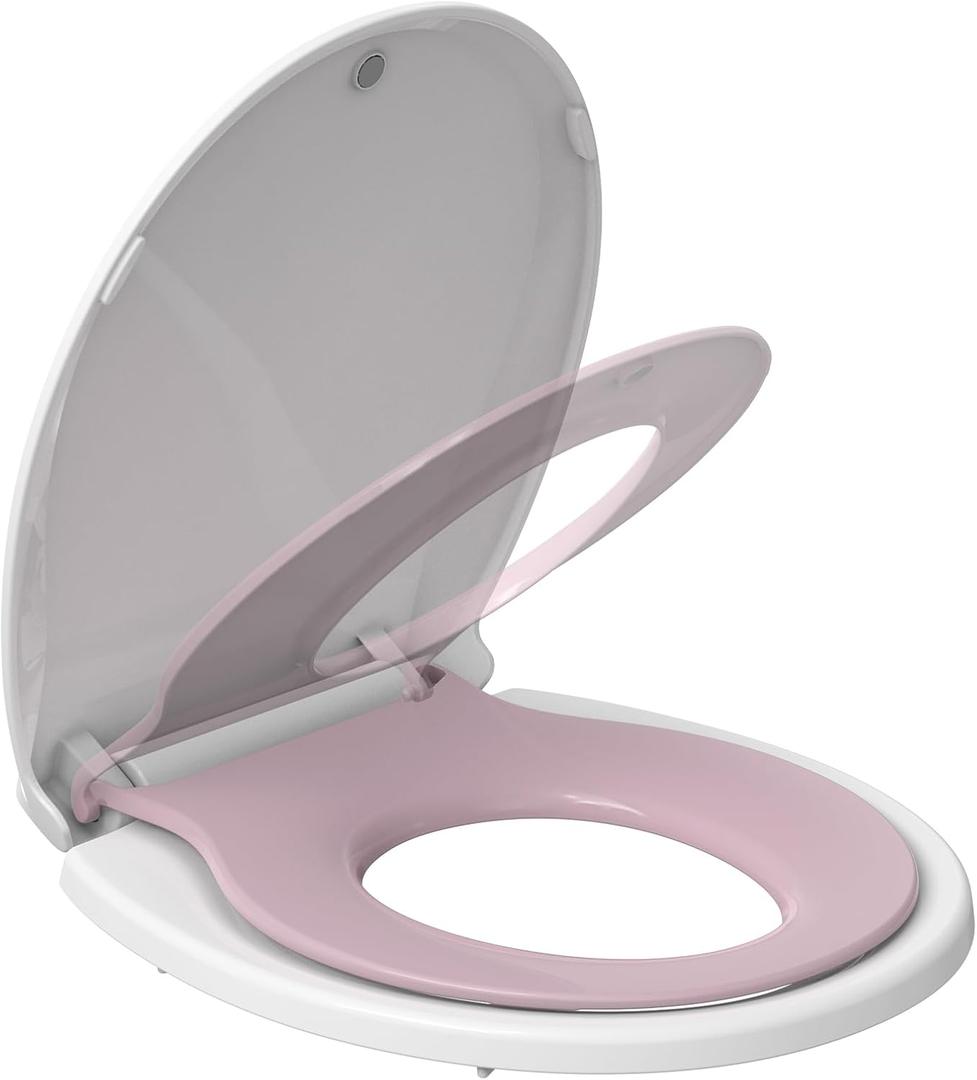 Toilet Seat, Round Toilet Seat with Toddler Seat Built in, Potty Training Toilet Seat Round Fits Both Adult and Child, with Slow Close and Magnets- white and pink
