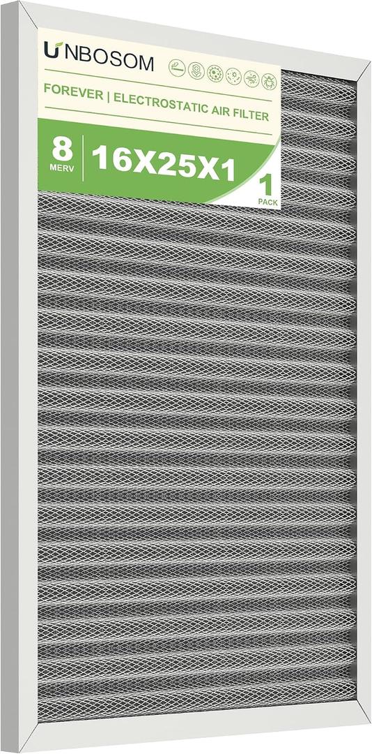 16x25x1 HVAC Furnace Air Filter Reusable& Washable, MERV 8, Electrostatic, Lasts a Lifetime, Breathe Fresher Air in Home and Office (Actual Size: 15.5x24.65x0.82 Inch)