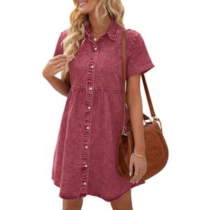 LookbookStore Women's Short Sleeve Button Down Flowy Tiered Babydoll Denim Dress, S