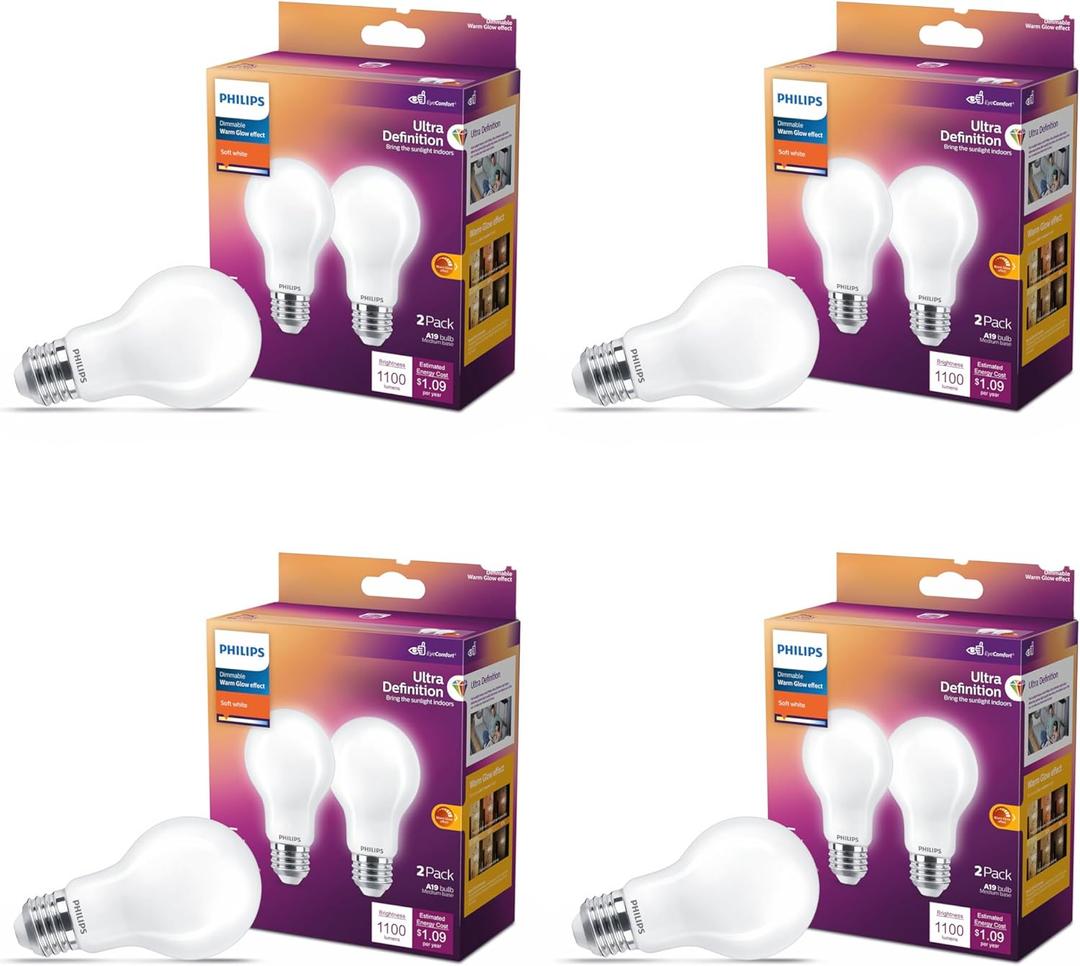 PHILIPS LED 60W A19 4-Pack Ultra Definition Soft White (2200K) 800 Lumen (8W=60W) Dimmable Flicker Free Light Bulbs