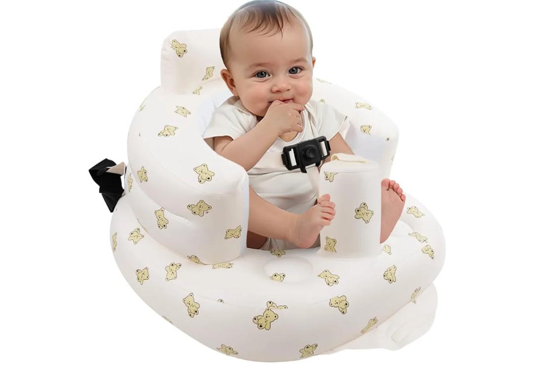 EKEPE Inflatable Baby Seat with Harness for Babies 3 Months & Up, Baby Floor Chair for Sitting Up, Baby Seats for Infants, Blow Up Baby Chair with Built in Air Pump - Bear