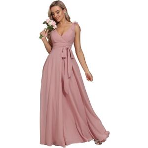 V Neck Bridesmaid Dresses for Women Dusty Rose Chiffon with Belt Pleated Wedding Guest Dresses Evening Formal Dress, R127 Size 6