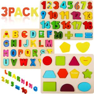 Wooden Puzzles for Toddlers, Voamuw Alphabet Number Shape Learning Puzzle for Kids Ages 3 4 5, Montessori Toys Preschool Education Chunky Jigsaw for Boys and Girls