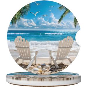 2 Pcs Car Coasters for Cup Holders,Beach Scene Tropical Cup Holder Coasters for Car,Ceramic Absorbent Coaster with A Finger Notch & Cork Base,Cars Interior Accessories for Women Men 2.56"