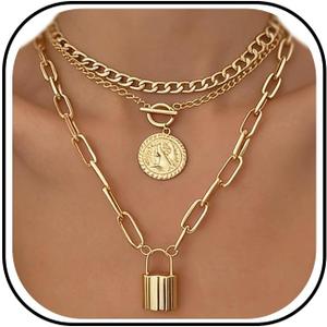 iF YOU Vintage Gold Layered Necklaces for Women Trendy, Chunky Cuban Link Paperclip Chains Necklace Stack, Coin Pendant Necklace Set Jewelry Gifts