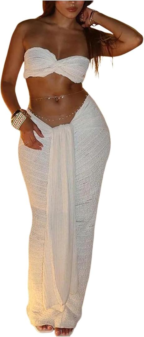 SOLY HUX Women's 2 Piece Outfits Twist Strapless Bandeau Crop Tops and Tie Front Bodycon Maxi Skirt Set (Large)