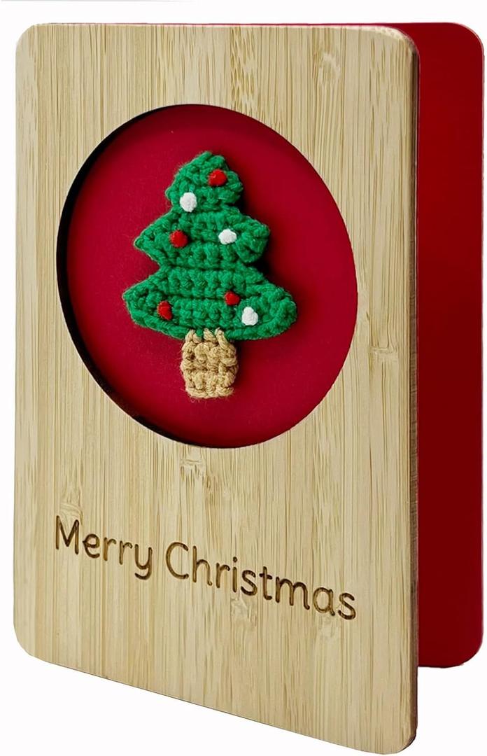 Della Stella Wooden Christmas Greeting Card, Handmade Christmas Card with Knitted Tree, Merry Christmas Card For Friends, Family