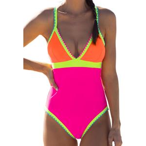 popvil One Piece Swimsuit Women 2025 Neon Color Block Contrast Cross Strap Bathing Suit Modest Cute Swim Suits (Small)