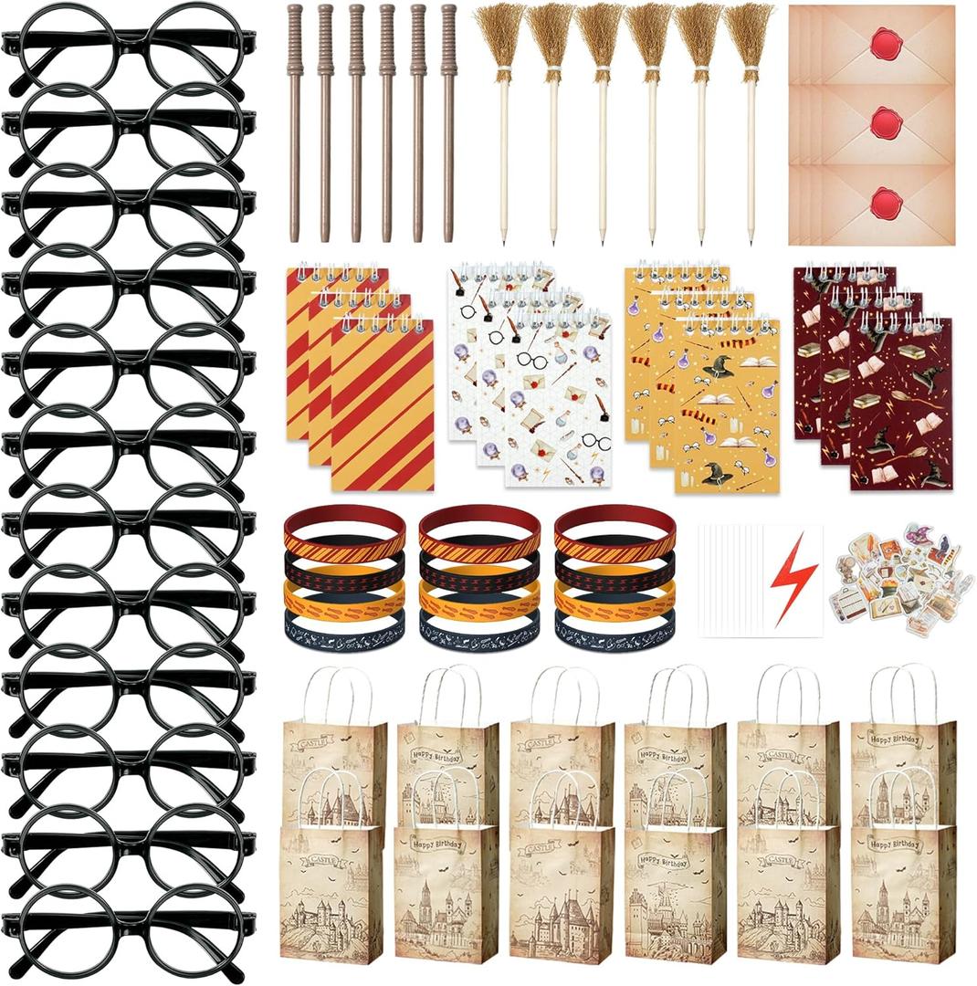 100pcs Wizard Party Favors, Birthday Party Supplies Including Wizard Glasses, Wand Pencils, Lightning Tattoos, Envelope card, Magic Birthday Decorations Gifts Classroom Rewards for Kids