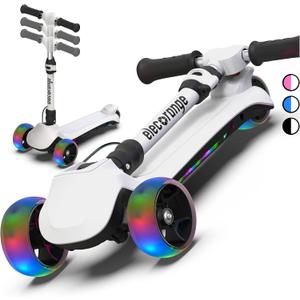 Elecorange 3 Wheel Electric Scooter for Kids, Light Up Deck, Big Flashing Wheels, Thumb Throttle, Adjustable Height, Foldable, 5mph, Lightweight, Kick Scooter, Toddler Electric Scooter Ages 5-8, White
