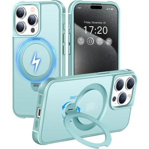 HuwaiH 360 Rotatable Magnetic Ring Stand for iPhone 15 pro max Case, Compatible with MagSafe, Military-Grade Shockproof, Anti-Scratch Matte Translucent Phone Case for iPhone 15 pro max(Lake Blue)